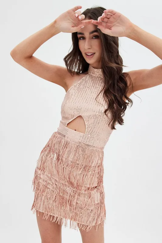 Beige Party Bodycon Halter Mini Dress Tassels sold by Ally Fashion