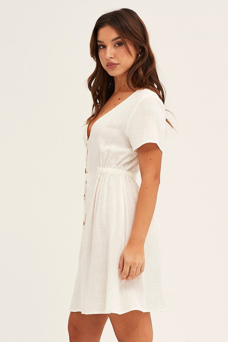 White A Line Dress Button Front V Neck Short Sleeve sold by Ally Fashion product image thumbnail 4
