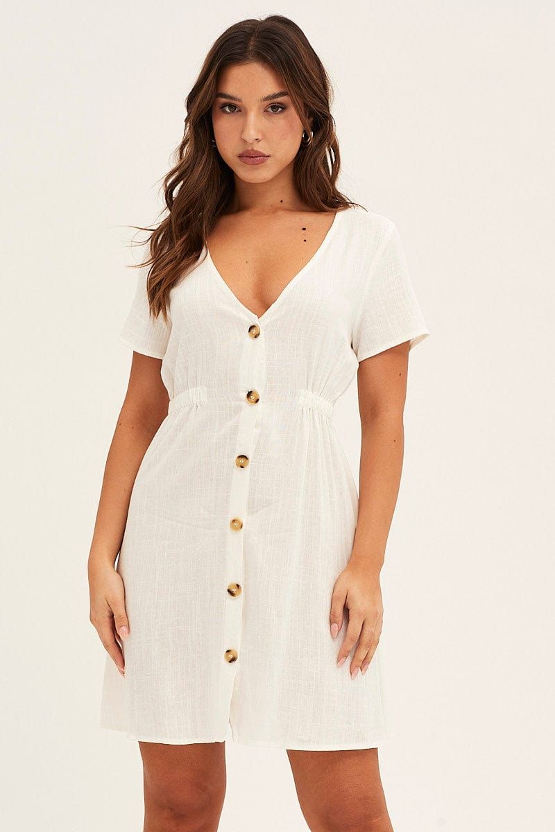 White A Line Dress Button Front V Neck Short Sleeve sold by Ally Fashion product image thumbnail 3
