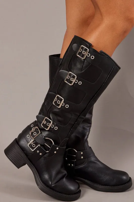 Black Buckle Detail Biker Boots sold by Ally Fashion