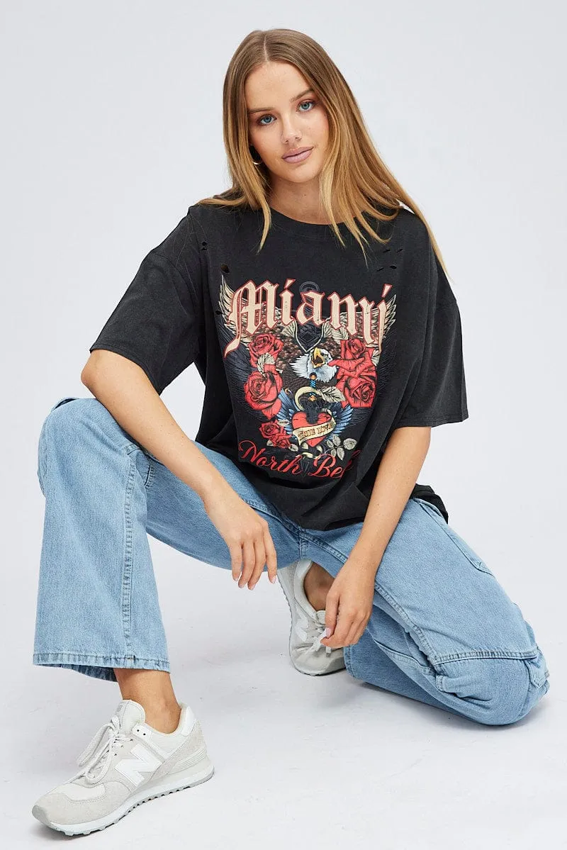 Black Graphic Tee Short Sleeve Round Neck sold by Ally Fashion