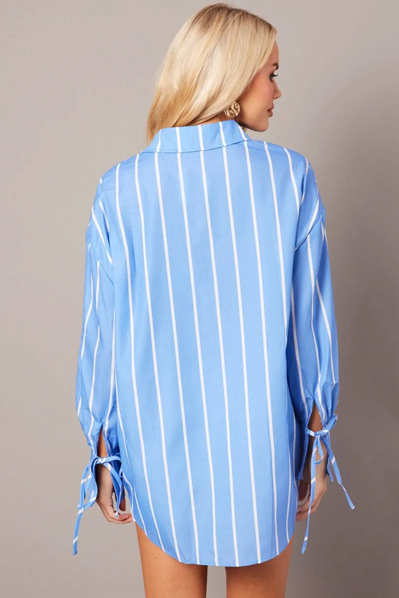Blue Stripe Relaxed Shirt Long Sleeve Cuff Tie sold by Ally Fashion product image thumbnail 5