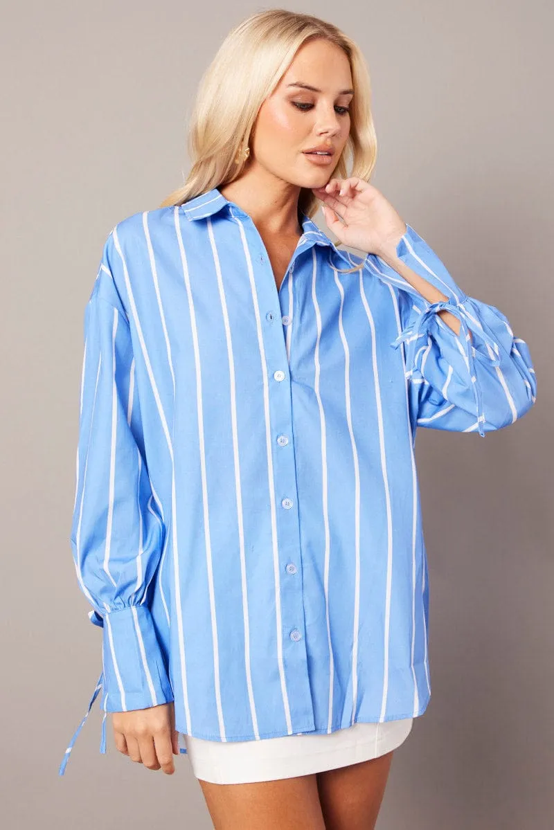 Blue Stripe Relaxed Shirt Long Sleeve Cuff Tie sold by Ally Fashion product image thumbnail 3