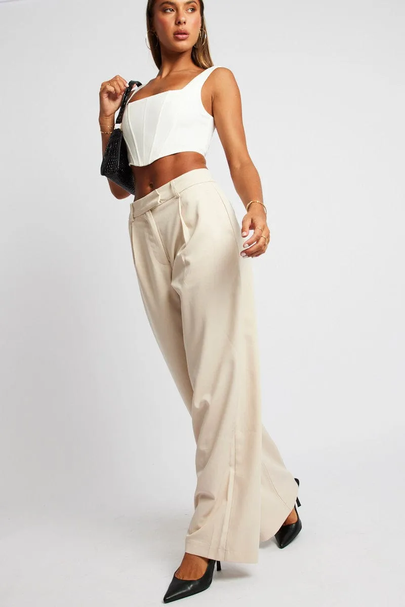 Beige Wide Leg Pants Mid Rise sold by Ally Fashion