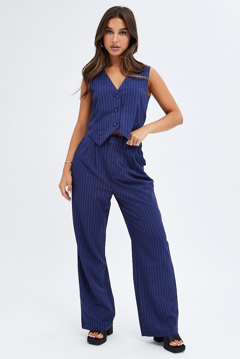 Blue Stripe Wide Leg Pants High Rise Pleated sold by Ally Fashion product image thumbnail 3