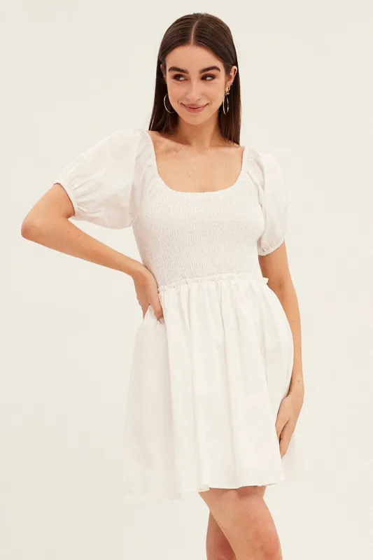 White Fit And Flare Dress Puff Sleeve Mini Poplin sold by Ally Fashion