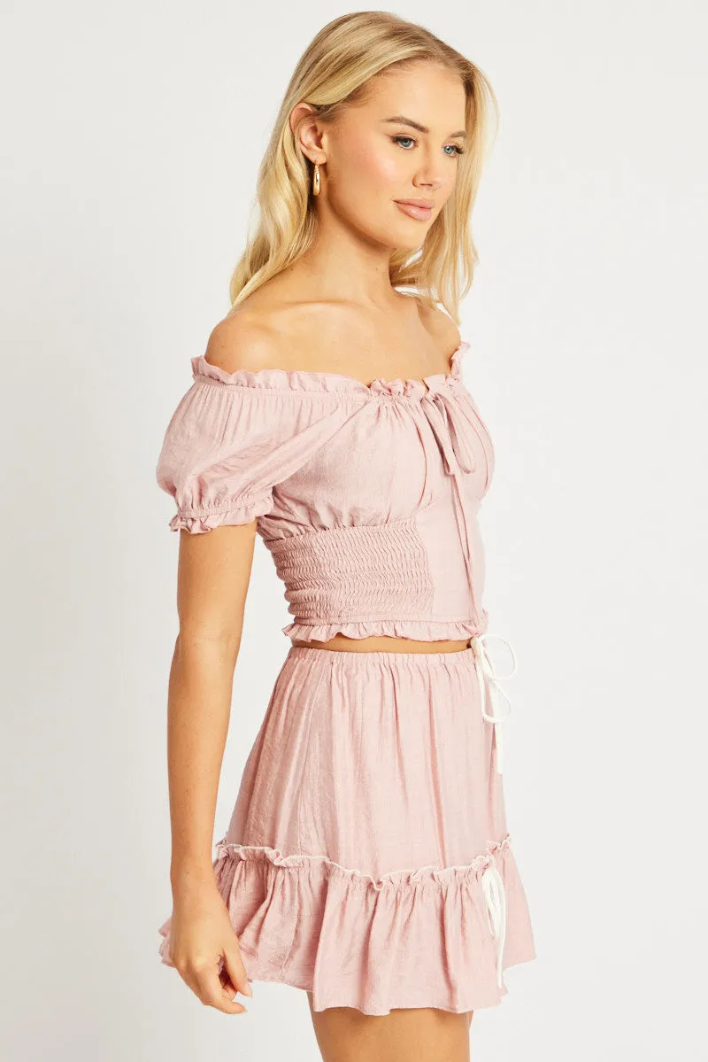 Pink Crop Top Short Sleeve Shirred Waist sold by Ally Fashion product image thumbnail 4