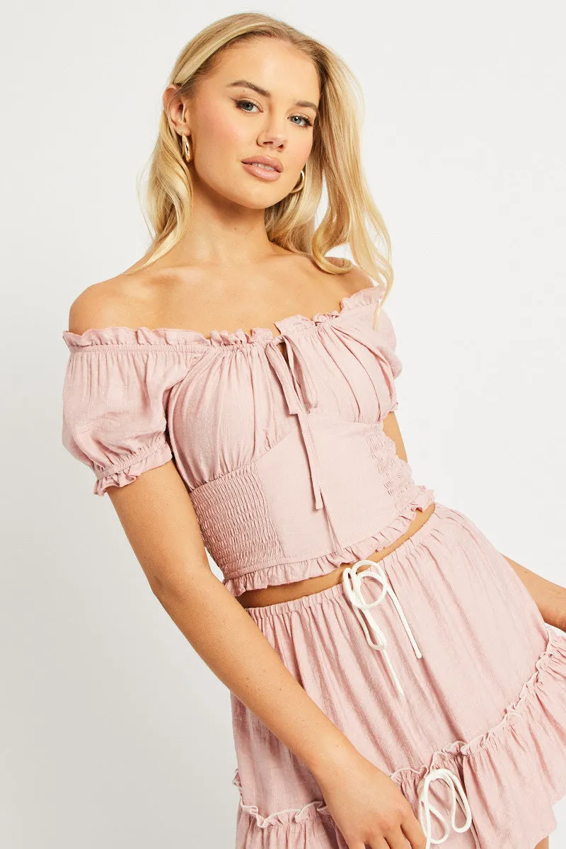 Pink Crop Top Short Sleeve Shirred Waist sold by Ally Fashion