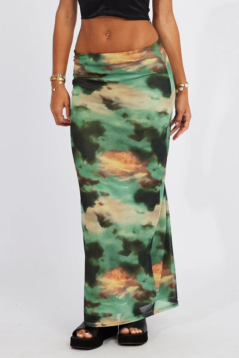 Green Abstract Maxi Skirt High Rise Mesh sold by Ally Fashion