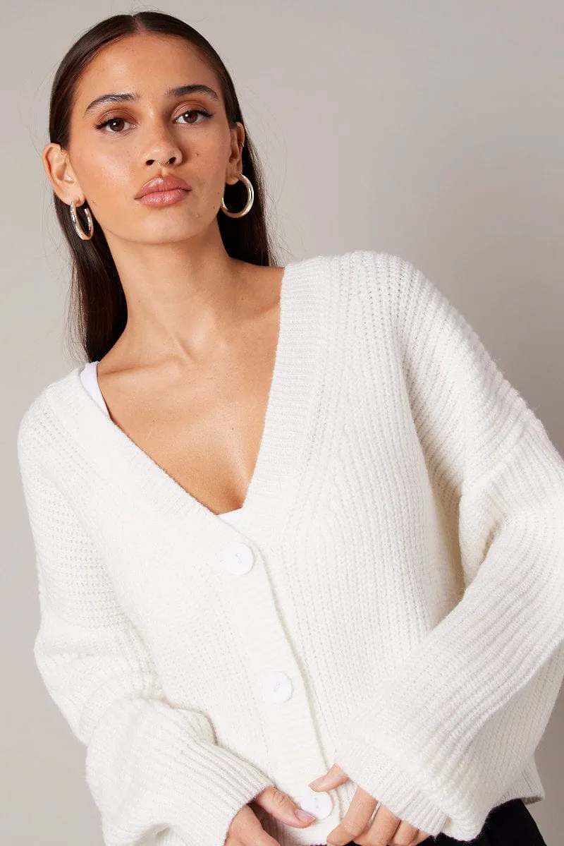 White Knit Cardigan Long Sleeve V Neck Button Up sold by Ally Fashion product image thumbnail 2