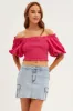 Pink Shirred Top Volume Short Sleeve Crop Linen Blend sold by Ally Fashion