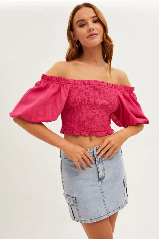 Pink Shirred Top Volume Short Sleeve Crop Linen Blend sold by Ally Fashion