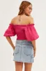 Pink Shirred Top Volume Short Sleeve Crop Linen Blend sold by Ally Fashion