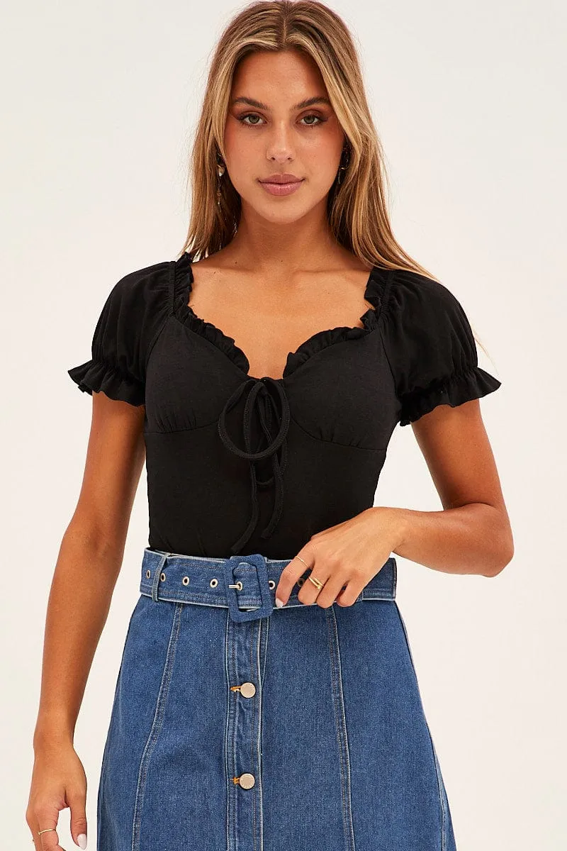 Black Off Shoulder Ribbed Bodysuit sold by Ally Fashion
