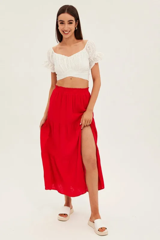 Red Maxi Skirt High Waist Split Tiered sold by Ally Fashion