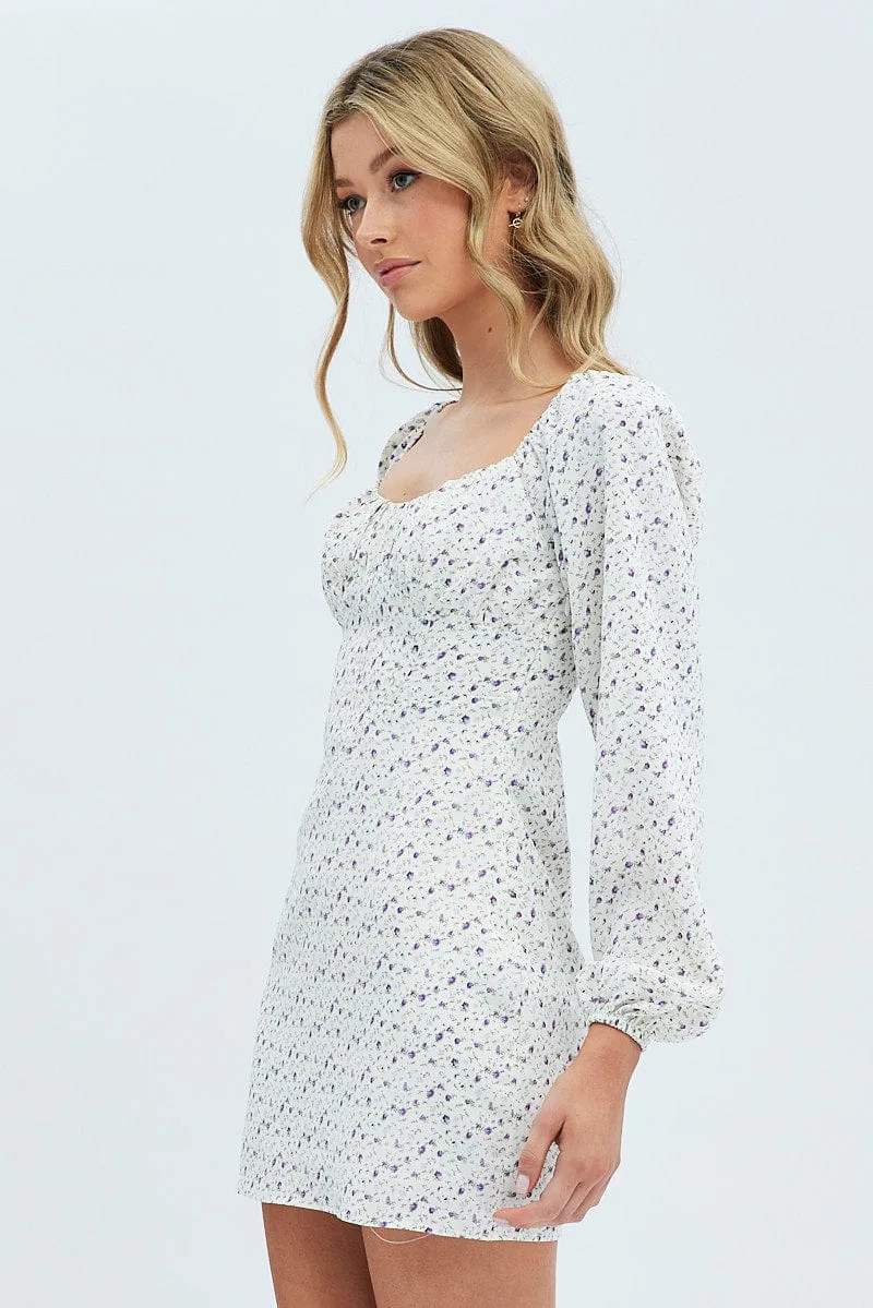 White Floral Midi Dress Long Sleeve Gathering Bust sold by Ally Fashion product image thumbnail 4