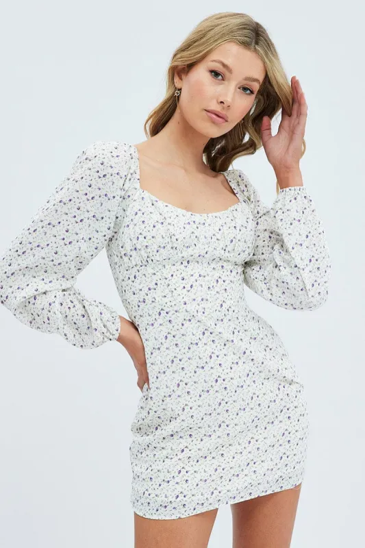 White Floral Midi Dress Long Sleeve Gathering Bust sold by Ally Fashion