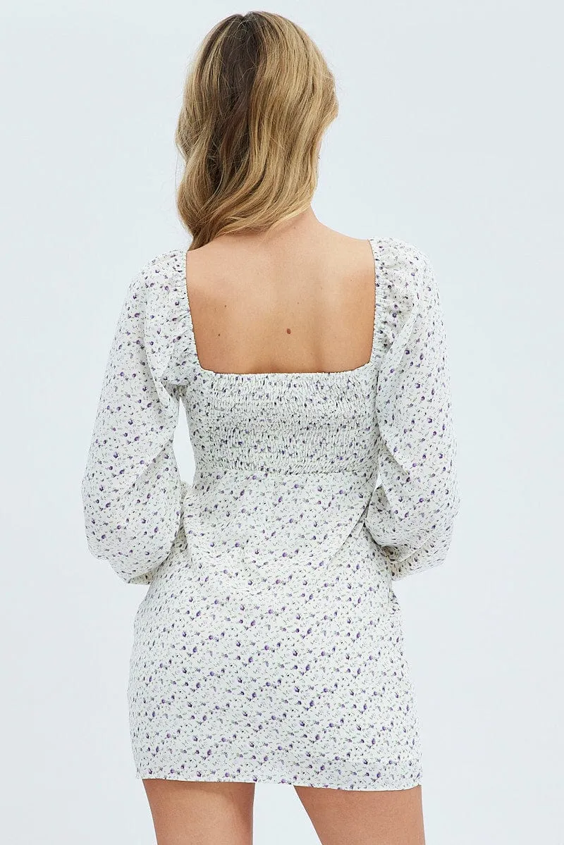 White Floral Midi Dress Long Sleeve Gathering Bust sold by Ally Fashion product image thumbnail 5