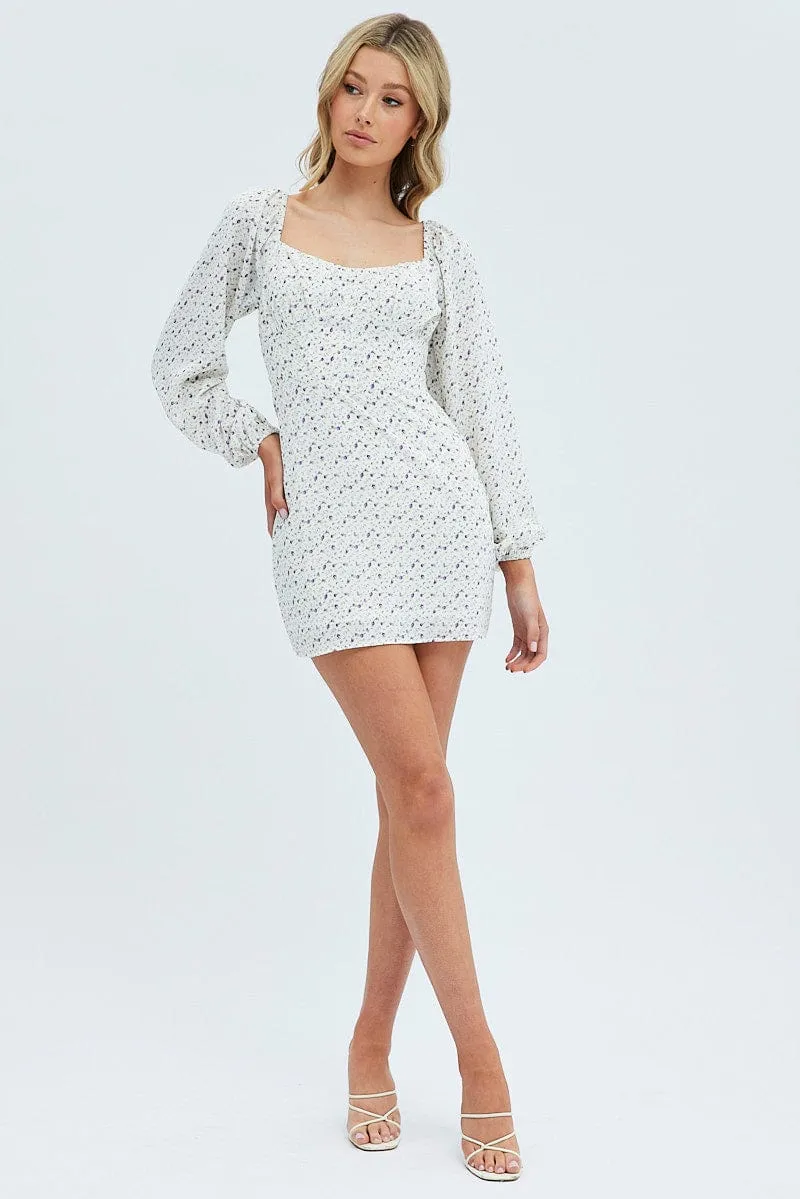 White Floral Midi Dress Long Sleeve Gathering Bust sold by Ally Fashion product image thumbnail 2