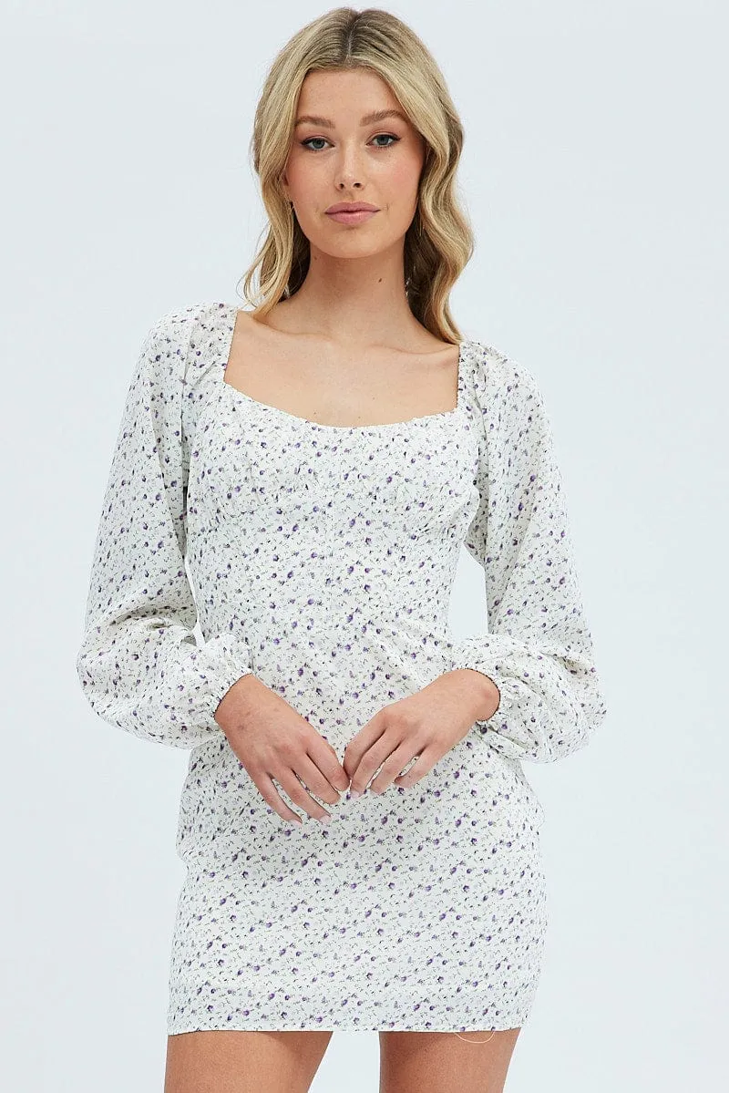 White Floral Midi Dress Long Sleeve Gathering Bust sold by Ally Fashion product image thumbnail 3