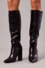 Black Heeled Knee High Boots in Croc sold by Ally Fashion