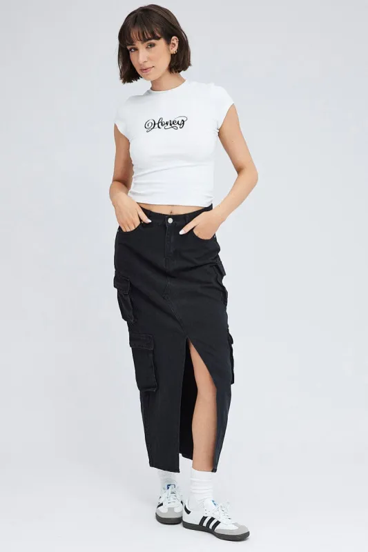 Black Cargo Skirt Mid Rise Maxi Utility Pocket Details sold by Ally Fashion