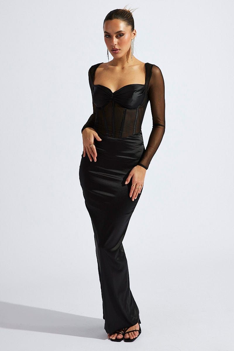 Black Corset Maxi Dress Long Sleeve Mesh sold by Ally Fashion