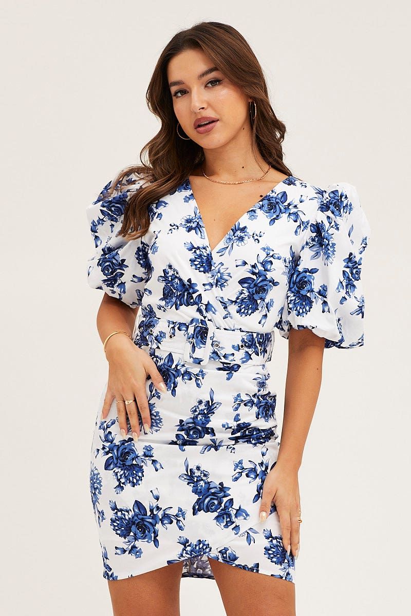 Print Mini Dress Short Puff Sleeve V-Neck Belted sold by Ally Fashion