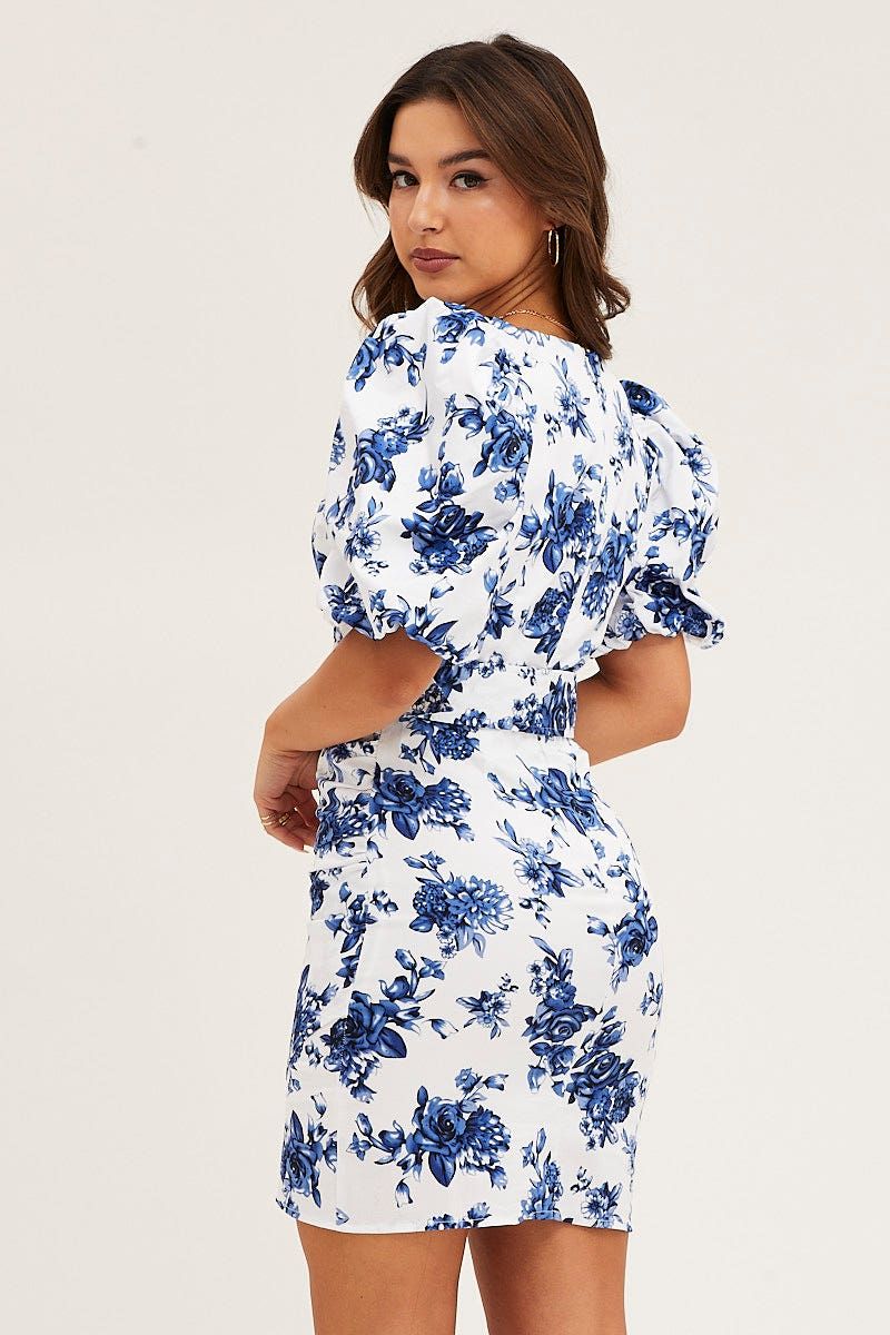 Print Mini Dress Short Puff Sleeve V-Neck Belted sold by Ally Fashion product image thumbnail 5