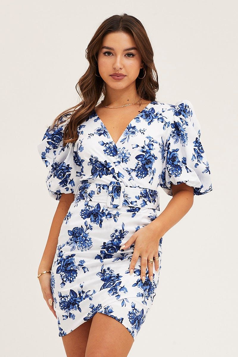Print Mini Dress Short Puff Sleeve V-Neck Belted sold by Ally Fashion product image thumbnail 3