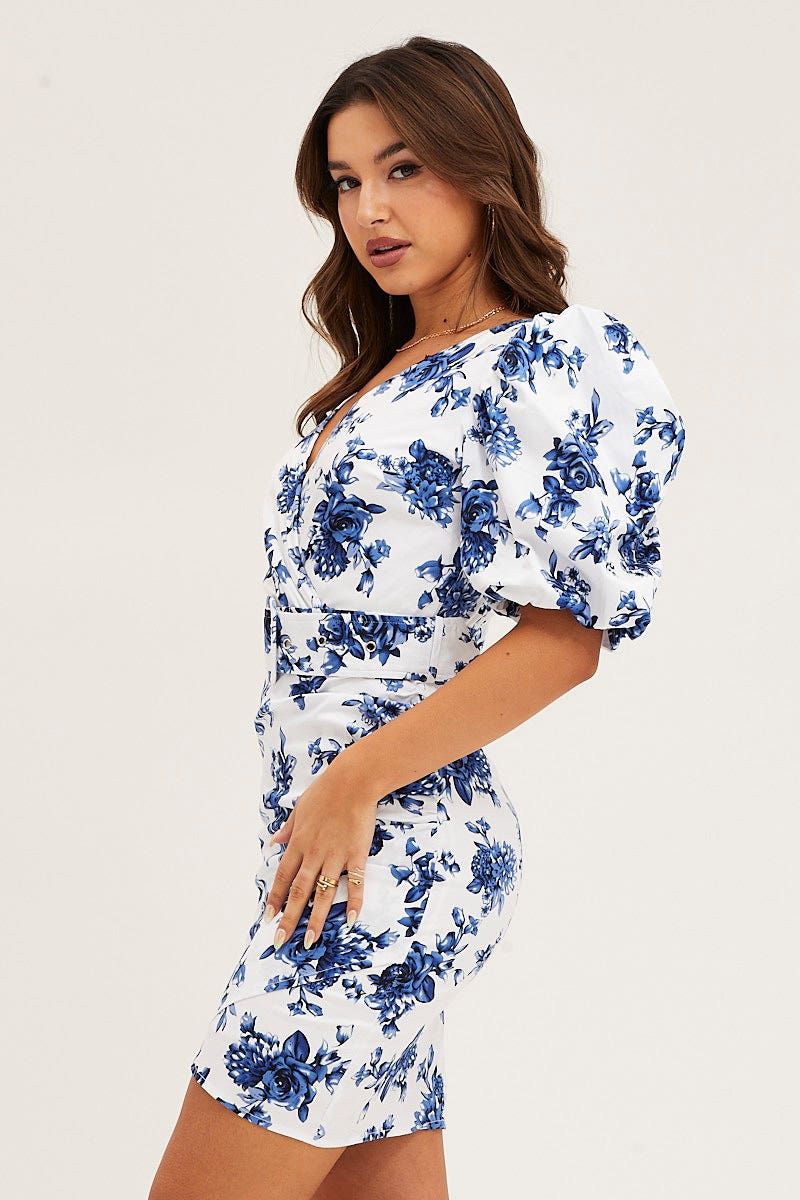 Print Mini Dress Short Puff Sleeve V-Neck Belted sold by Ally Fashion product image thumbnail 4