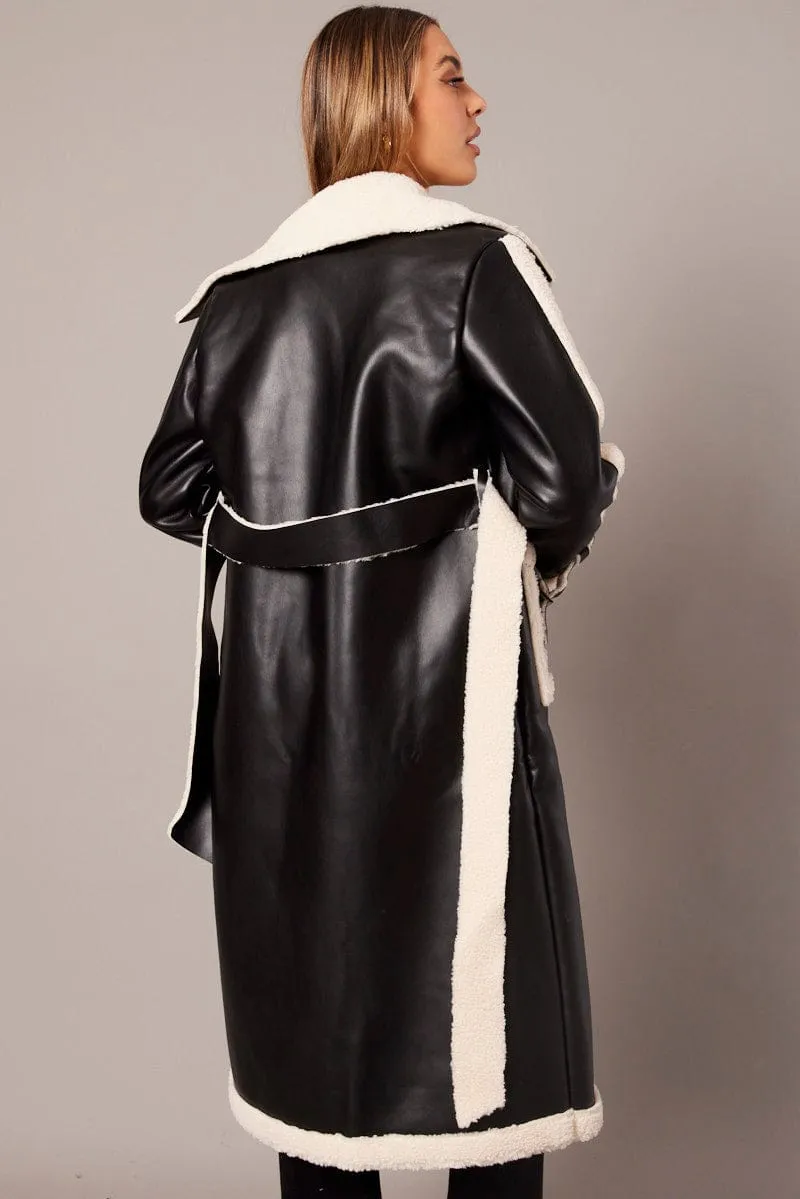 Black Long Coat Shearling Lined Faux Leather sold by Ally Fashion product image thumbnail 5