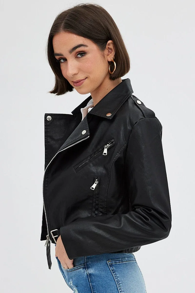 Black Faux Leather Biker Jacket Long Sleeves sold by Ally Fashion product image thumbnail 4