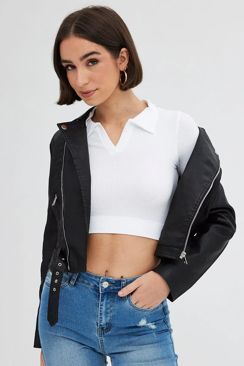 Black Faux Leather Biker Jacket Long Sleeves sold by Ally Fashion