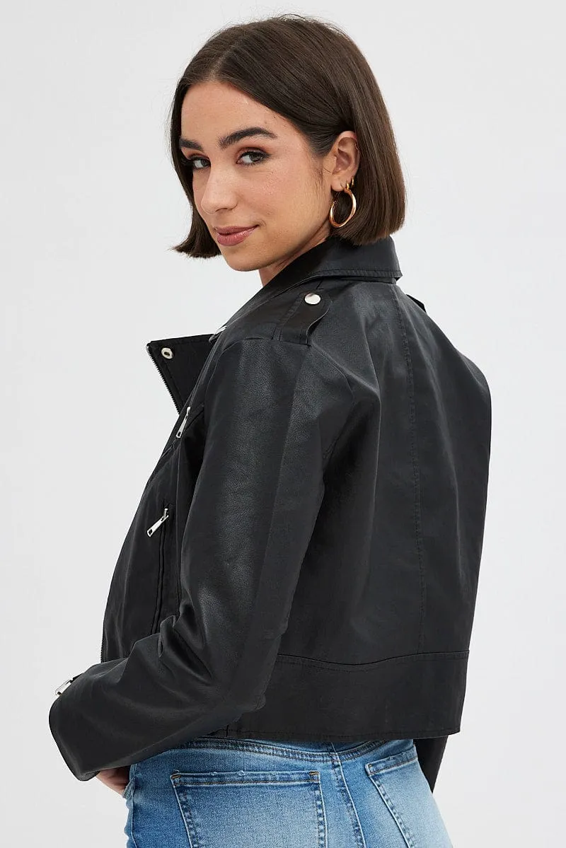 Black Faux Leather Biker Jacket Long Sleeves sold by Ally Fashion product image thumbnail 5