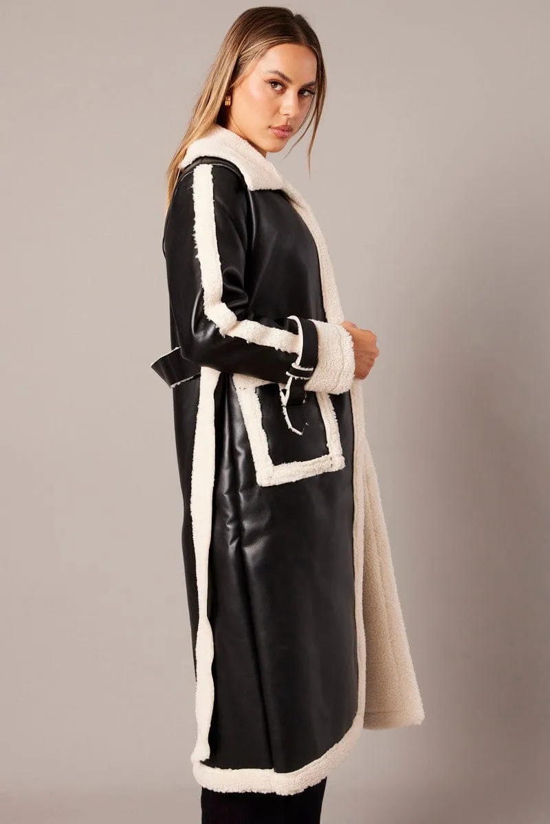 Black Long Coat Shearling Lined Faux Leather sold by Ally Fashion product image thumbnail 4