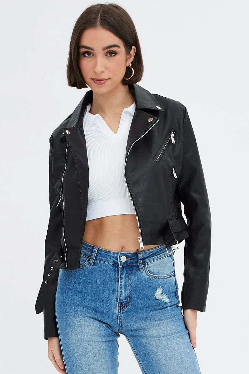 Black Faux Leather Biker Jacket Long Sleeves sold by Ally Fashion product image thumbnail 3