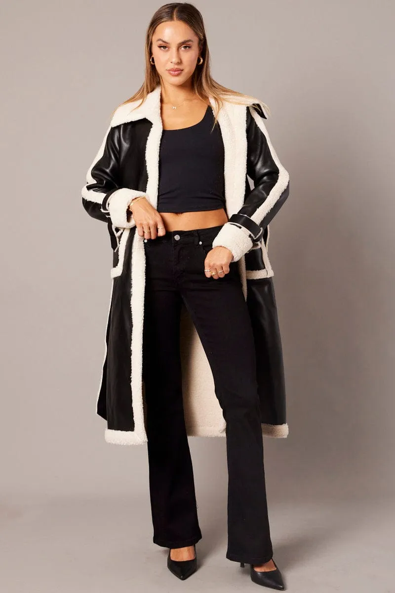 Black Long Coat Shearling Lined Faux Leather sold by Ally Fashion product image thumbnail 2
