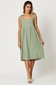 Green Tiered Dress Sleeveless Midi Linen sold by Ally Fashion
