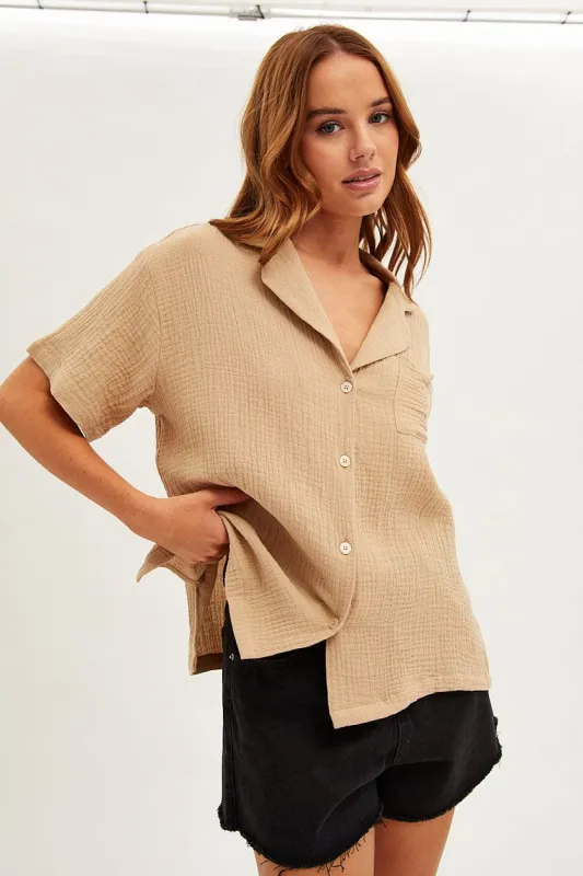 Beige Textured Shirt Short Sleeve Collared Cotton sold by Ally Fashion