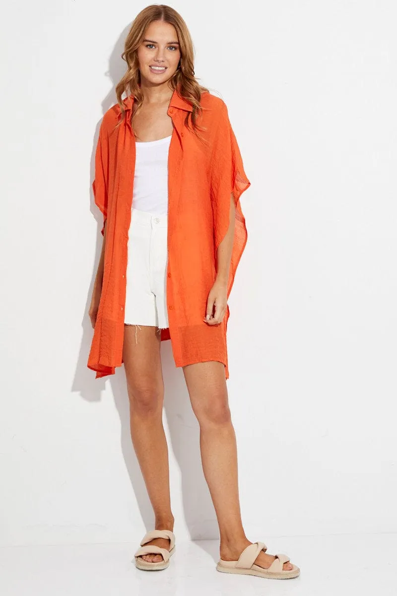 Orange Short Sleeve Shirt Collared Longline sold by Ally Fashion product image thumbnail 2