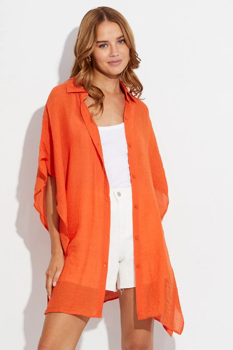 Orange Short Sleeve Shirt Collared Longline sold by Ally Fashion product image thumbnail 3
