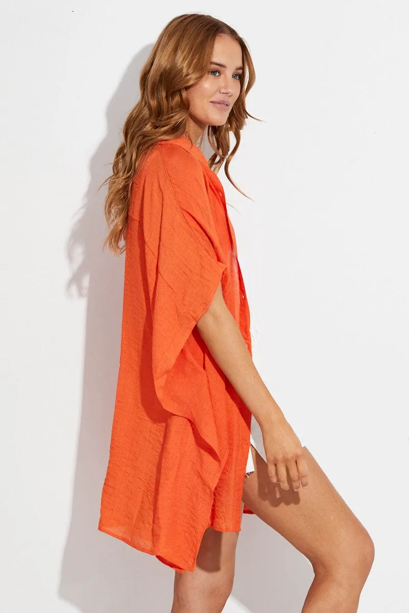 Orange Short Sleeve Shirt Collared Longline sold by Ally Fashion product image thumbnail 4