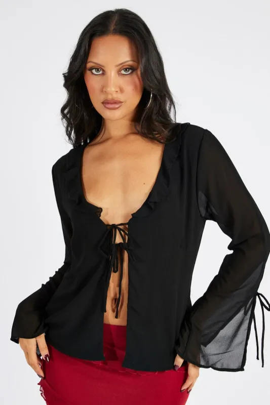 Black Frill Split Top Tie Front Long Sleeve sold by Ally Fashion