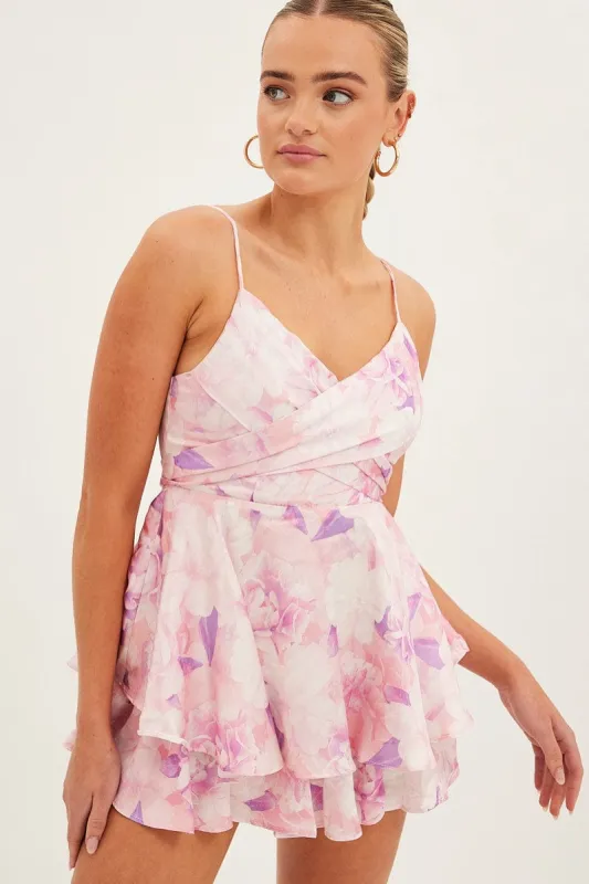 Pink Floral Ruffle Playsuit Sleeveless Tie Back sold by Ally Fashion