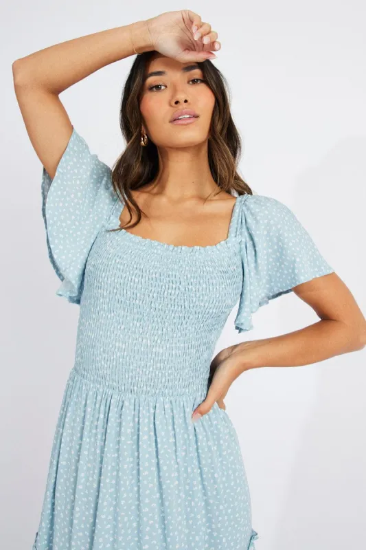 Blue Ditsy Maxi Dress Short Sleeve Shirred sold by Ally Fashion