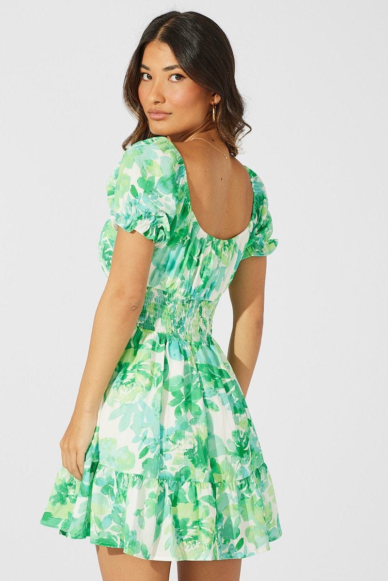 Green Floral Fit And Flare Dress Puff Sleeve Mini sold by Ally Fashion product image thumbnail 5