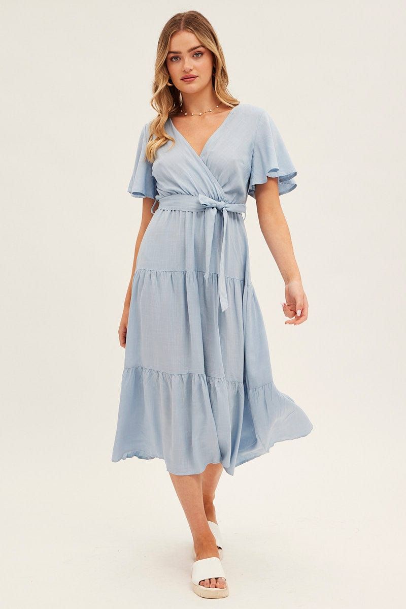 Blue Tie Waist Tiered Midi Dress sold by Ally Fashion