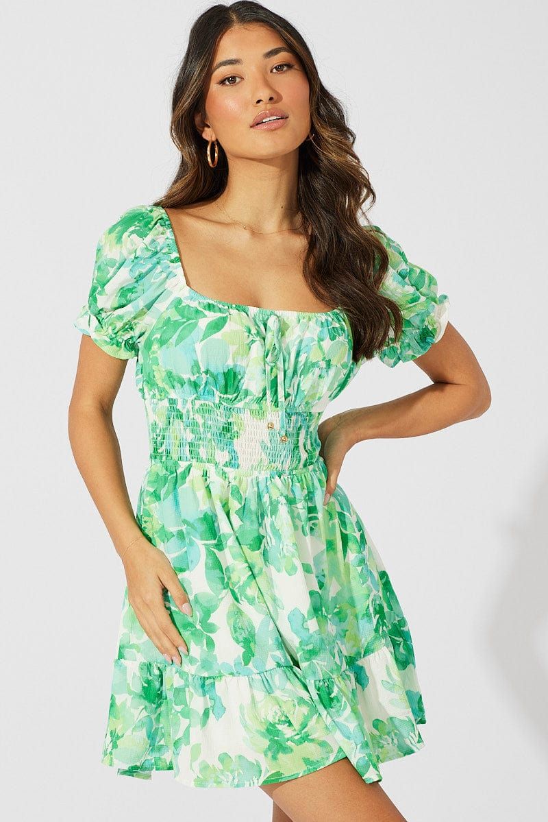 Green Floral Fit And Flare Dress Puff Sleeve Mini sold by Ally Fashion