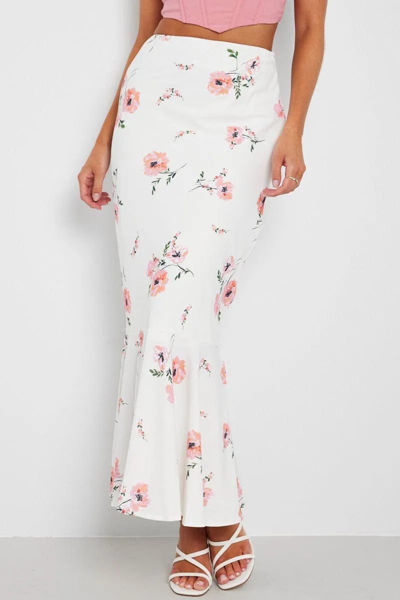 White Floral Maxi Skirt High Waist Fit & Flare sold by Ally Fashion product image thumbnail 3